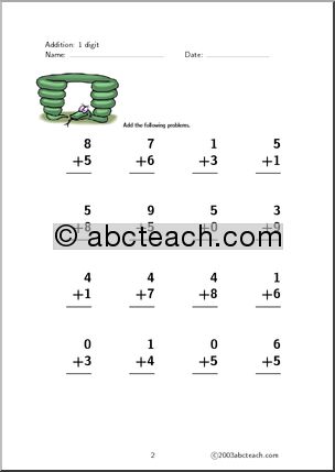 Worksheet: Addition 1 digit (set 6)
