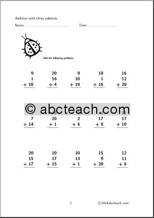 Worksheet: Addition - Three Addends (set 3) | Abcteach