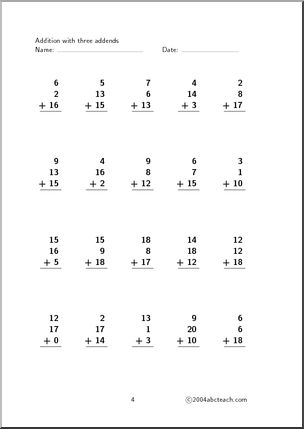 Worksheet: Addition - Three Addends (set 4) | Abcteach