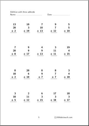 Worksheet: Addition - Three Addends (set 4) | Abcteach