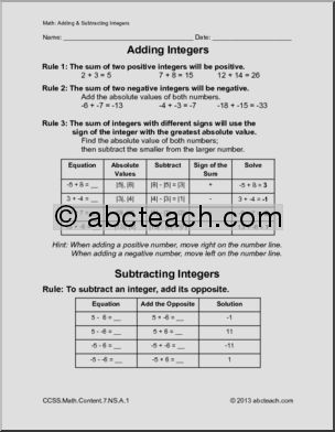 Math: Rules and Practice – Adding and Subtracting Integers (7th grade)