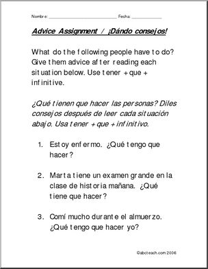 Spanish:  Spanish 1 –   Dando consejos con Tener que… (secundaria)