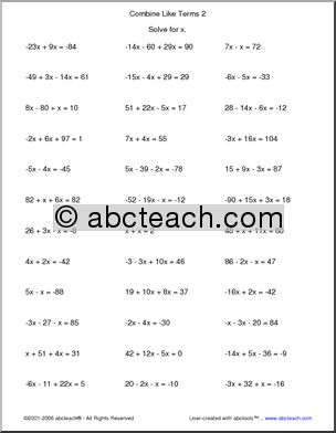 Algebra – like terms (2) Worksheet
