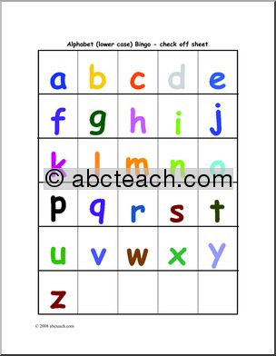 Bingo Cards: Alphabet (lowercase, color) – check sheet