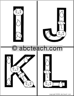 Alphabet Letter Patterns: Raindrops and Umbrellas (b/w)