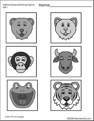Matching: Animal Faces (preschool/primary) -grayscale