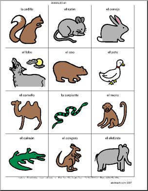 Spanish: Poster de vocabulario: Los animales 1 (elementaria)