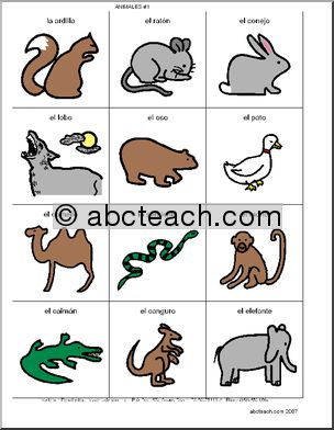Spanish: Poster de vocabulario: Los animales 1 (elementaria)