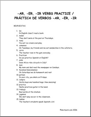 Spanish:  Spanish 1 –   Respuesta: “PrÂ·ctica de verbos AR, ER y IR” (secundaria)