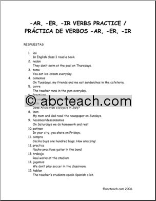 Spanish:  Spanish 1 –   Respuesta: “PrÂ·ctica de verbos AR, ER y IR” (secundaria)