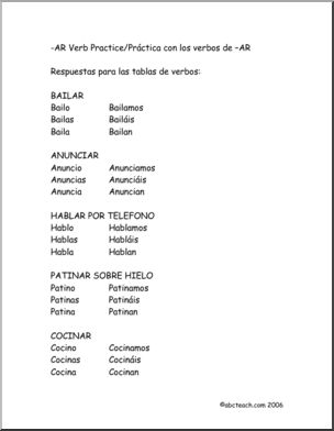 Spanish:  Spanish 1 –   Respuesta: “PrÂ·ctica de verbos AR”” (secundaria)