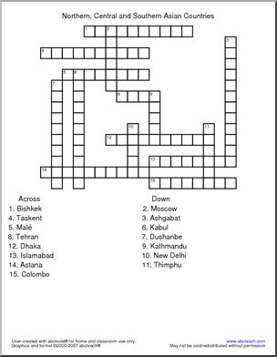 Crossword: Asia – North, Central and Southern Countries