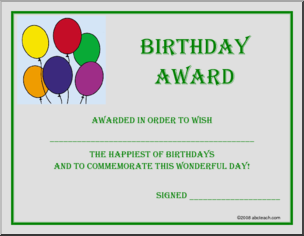 Certificate: Birthday Award (balloons)