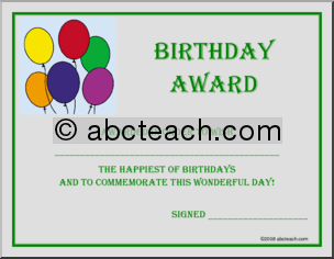Certificate: Birthday Award (balloons)