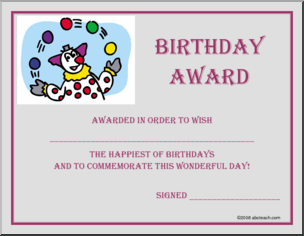 Certificate: Birthday Award (clown)