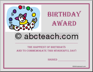 Certificate: Birthday Award (clown)