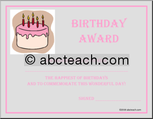 Certificate: Birthday Award (pink cake)