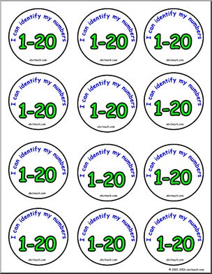 Small Badges:  “I can identify my numbers 1 – 20”