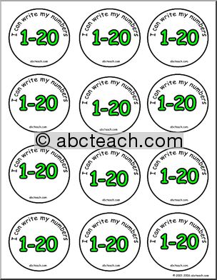 Small Badges:  “I can write my numbers 1 – 20”