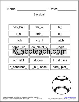 Baseball Terminology Missing Letters