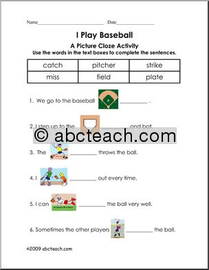 Worksheet: Picture Cloze – Baseball (elem)