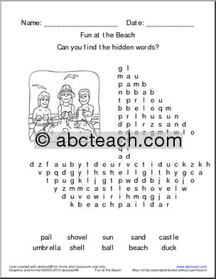 Word Search: Fun at the Beach (very easy) (k-1)