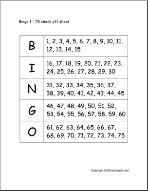 Bingo Cards: Numbers 1-75 (check sheet)
