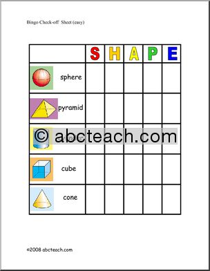 Three-Dimensional Shapes Bingo Cards (check sheet – color)