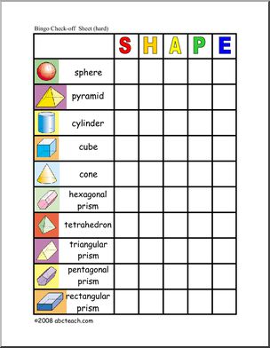 Three-Dimensional Shapes Bingo Cards (check sheet â€“color)