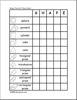 Three-Dimensional Shapes Bingo Cards (check sheet â€“b/w)
