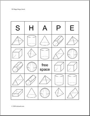 Three-Dimensional Shapes Bingo Cards (check sheet – b/w)