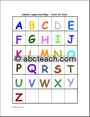 Bingo Cards: Alphabet (uppercase, color) – check sheet