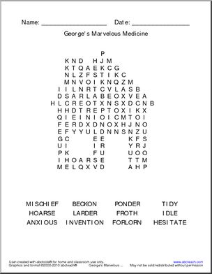 Word Search: George’s Marvelous Medicine (easy)