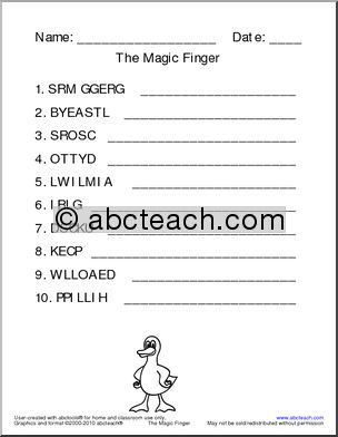 Word Unscramble: The Magic Finger (easy) (k-1/elem)