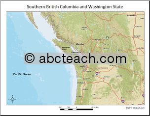 Map: Southern British Columbia, Washington, Oregon (color)