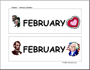 Calendar: February (header) – presidents and hearts