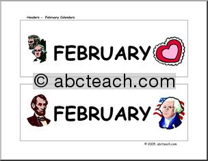 Calendar: February (header) – presidents and hearts