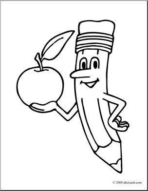 Clip Art: Cartoon Pencil w/ Apple (coloring page) – Abcteach