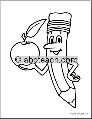 Clip Art: Cartoon Pencil w/ Apple (coloring page)