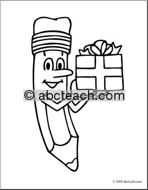 Clip Art: Cartoon Pencil w/ Present (coloring page)