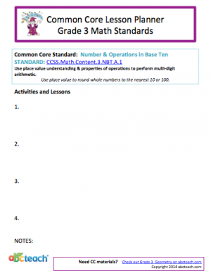 Common Core: Math Lesson Planner – Numbers and Operations in Base Ten (grade 3)