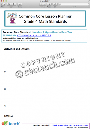 Common Core: Math Lesson Planner – Numbers & Operations in Base Ten (grade 4)