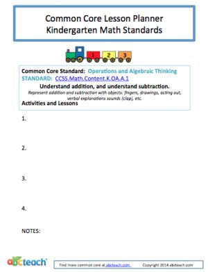 Common Core: Math Lesson Planner – Operations and Algebraic Thinking (kdg)