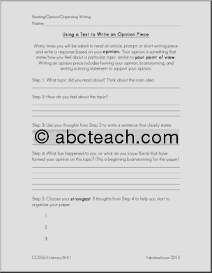 Common Core: Writing – Using a Text to Write an Opinion Piece (grade 4)