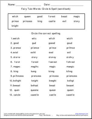 Fairy Tale Words (with word bank) Circle and Spell