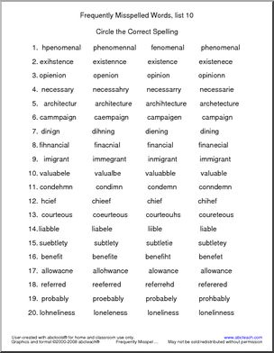 Frequently Misspelled Words (list 10) Circle and Spell