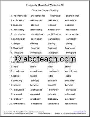 Frequently Misspelled Words (list 10) Circle and Spell
