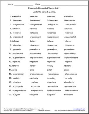 Frequently Misspelled Words (list 11) Circle and Spell