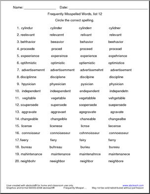 Frequently Misspelled Words (list 12) Circle and Spell