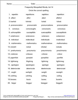 Frequently Misspelled Words (list 14) Circle and Spell